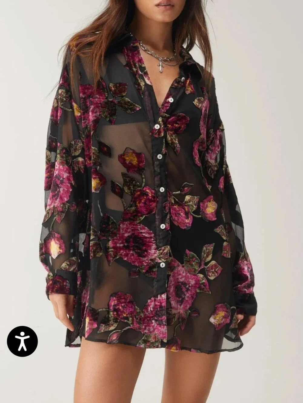 Nasty Gal Black Sheer Tunic with Magenta Floral Burnout Size 8 Oversize